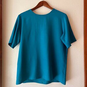 VTG 100% Silk Teal Blouse Sz M Classic Versatile  Summer Fall Office Staple